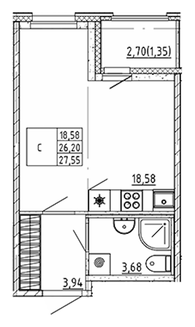 Квартира студия 27.55 м², 7/12 эт., ЖК «UP! Квартал Воронцовский»